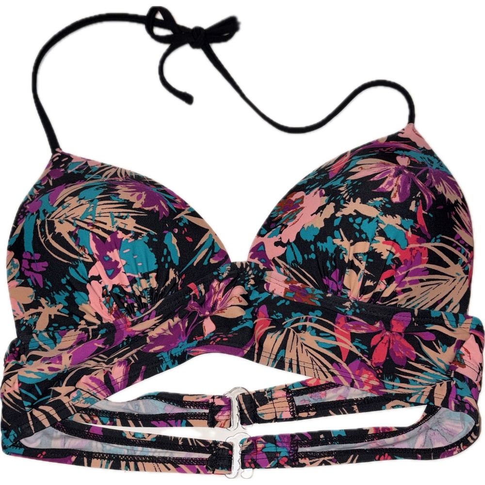 Hula Honey Tropical Floral Halter Bikini Top Black Purple Teal M